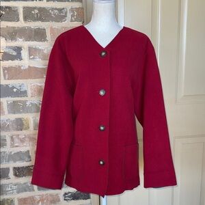 Susan Bristol Red Button-Up Fleece Cardigan Gray Interior Raw Edges Sz 1X